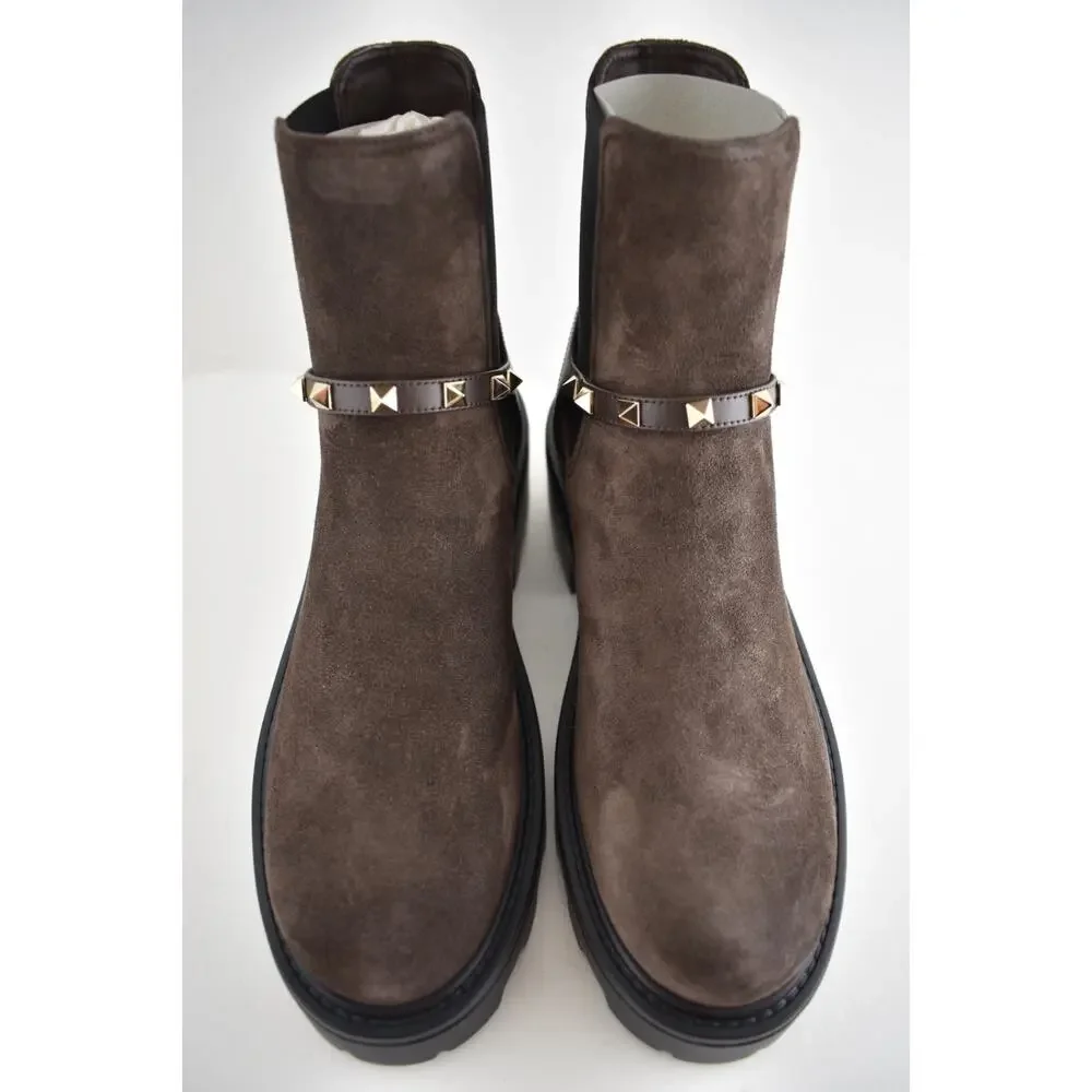 Valentino Rockstud Beatle Brown Suede 55mm Short Ankle Flat Chelsea Boot 38.5